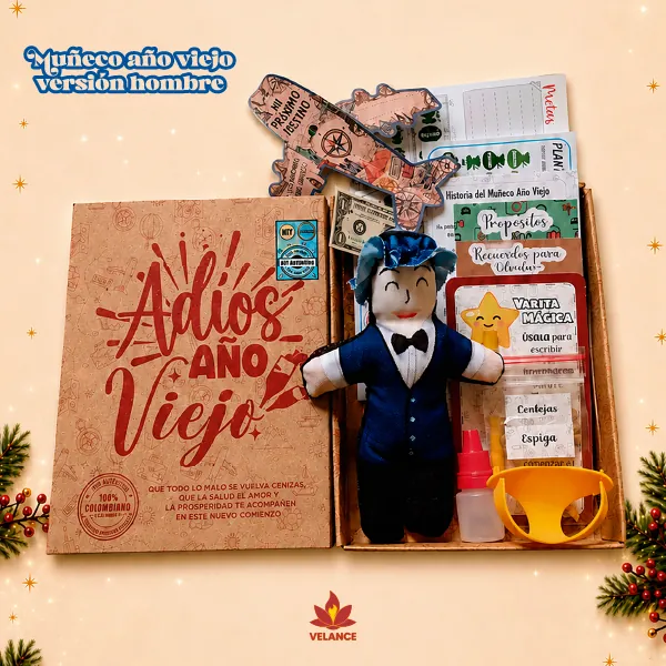 Kit Muñeco Año Viejo, versión hombre, con espiga, dólar y accesorios