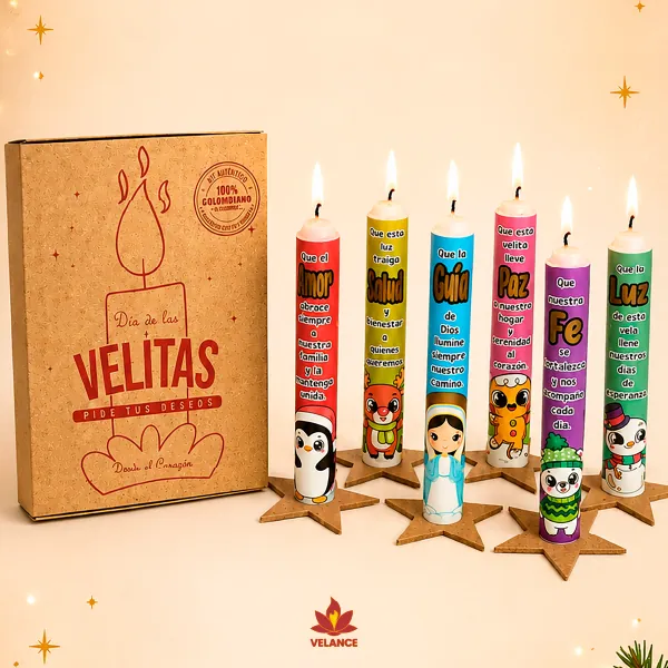 Kit Día de Velitas con 6 velas de colores, bases de estrella y tarjetas